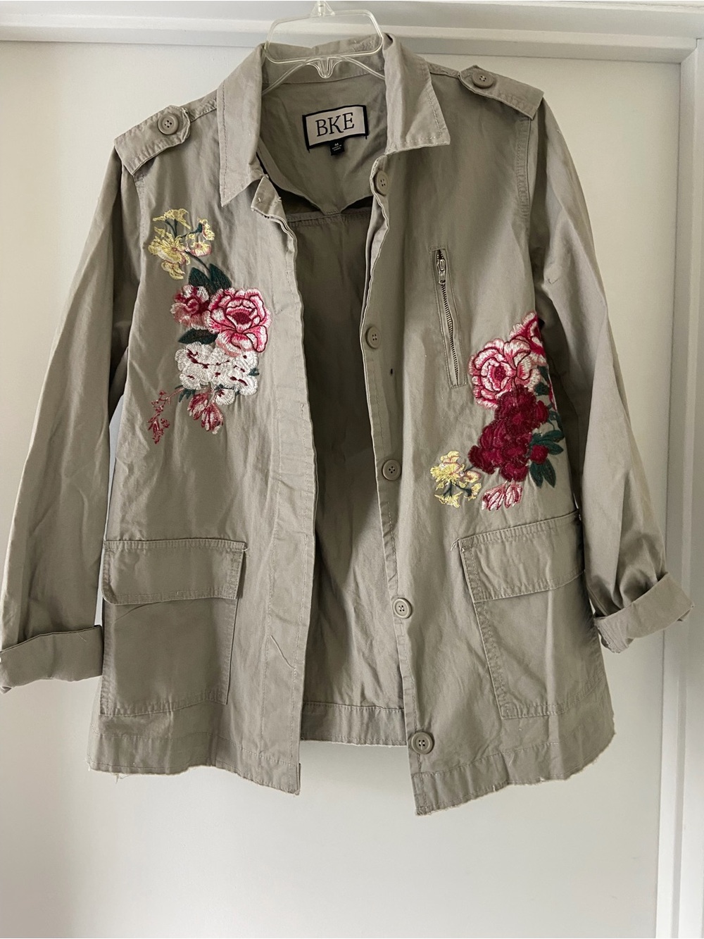 BKE Embroidered Utility Jacket in Light Khaki with Red and Pink Floral Accents